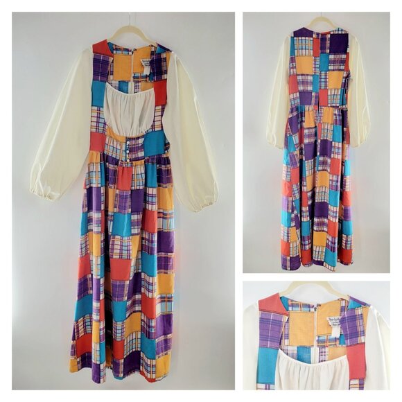 Vintage Periphery Designed by Arthur Williams Faux Patchwork Peasant Maxi Dress - Picture 1 of 12